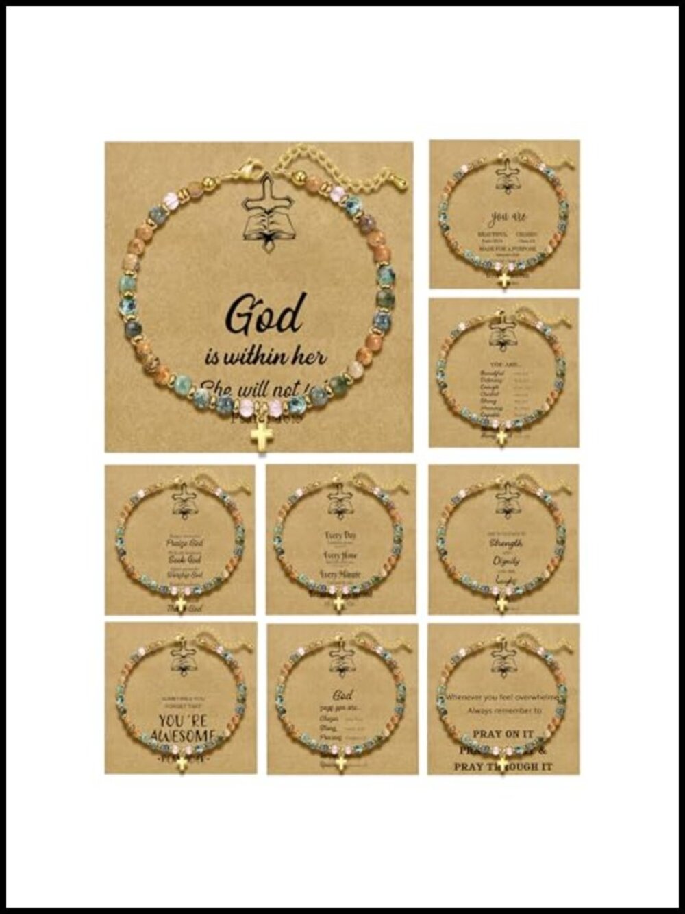 9-Piece Christian Cross Bracelet Set Natural Stone Beads Adjustable Women